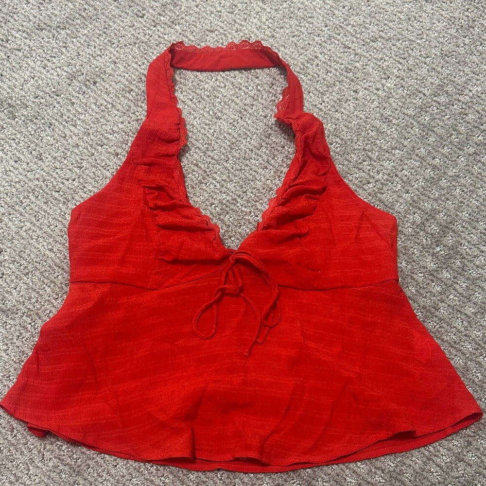 Red Halter Neck Ruffle Tank Top
